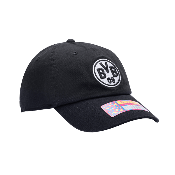 Side view of the Borussia Dortmund Hit Classic hat with low unstructured crown, curved peak brim, and buckle closure, in black.