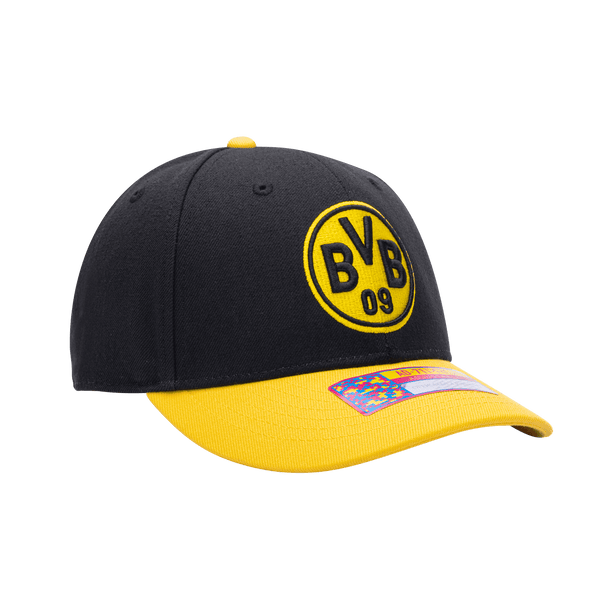 Side view of the Borussia Dortmund Core Adjustable hat with mid constructured crown, cruved peak brim, and slider buckle closure, in Black/Yellow.