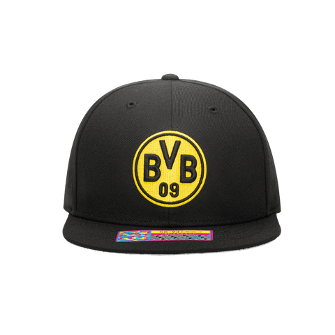 Front view of the Borussia Dortmund Dawn Snapback with high crown, flat peak, and snapback closure, in Black