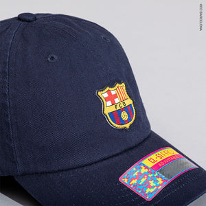 FC Barcelona Safari Adjustable Classic hat in navy, on a grey background.