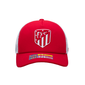 Front view of the Atletico Madrid Fog Trucker Hat in Red, with high crown and curved peak.