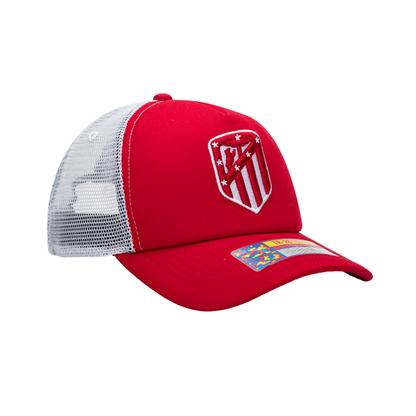 Side view of the Atletico Madrid Fog Trucker Hat in Red, with high crown and curved peak.