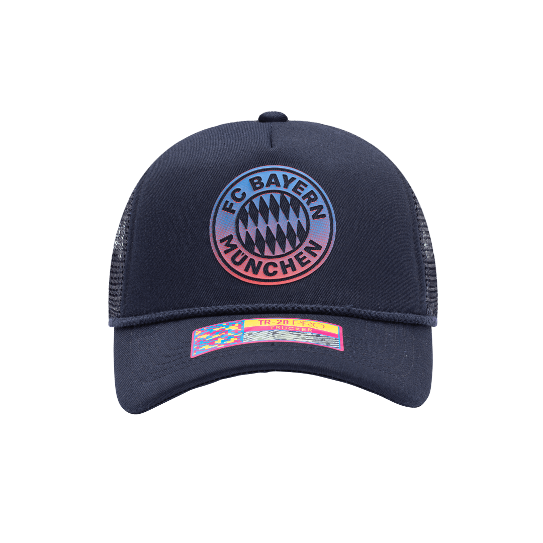 Bayern Munich Atmosphere Trucker with mid crown, curved peak brim, mesh back, and snapback closure, in Navy
