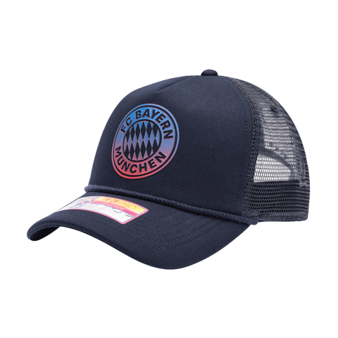 Bayern Munich Atmosphere Trucker with mid crown, curved peak brim, mesh back, and snapback closure, in Navy