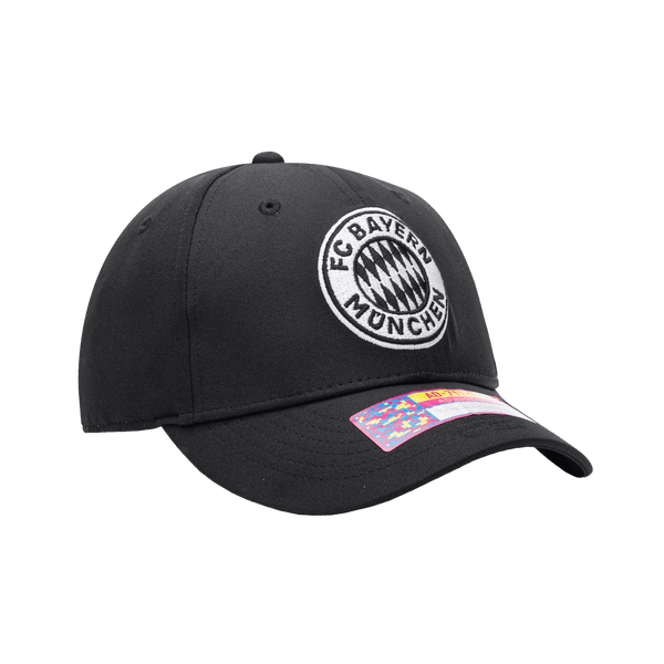 Side view of the Bayern Munich Hit Adjustable hat with mid constructured crown, curved peak brim, and slider buckle closure, in Black.