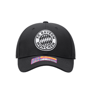 Front view of the Bayern Munich Hit Adjustable hat with mid constructured crown, curved peak brim, and slider buckle closure, in Black.