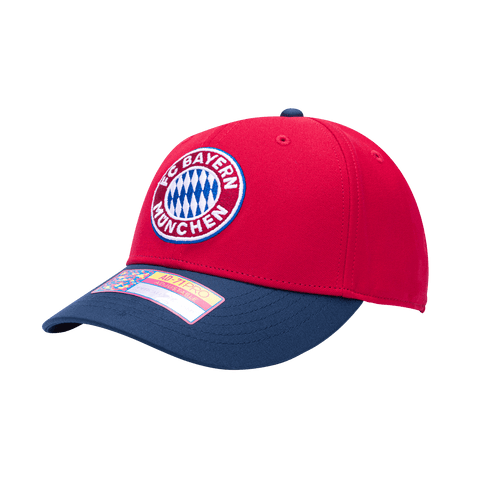 Side view of the Bayern Munich Core Adjustable hat with mid constructured crown, cruved peak brim, and slider buckle closure, in Red/Blue.
