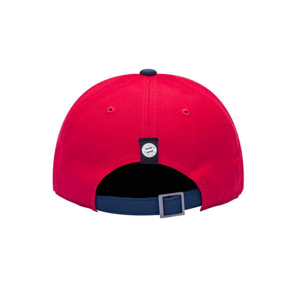 Back view of the Bayern Munich Core Adjustable hat with mid constructured crown, cruved peak brim, and slider buckle closure, in Red/Blue.