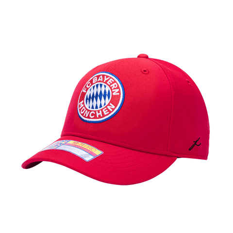 Side view of the Bayern Munich Standard Adjustable hat with mid constructured crown, curved peak brim, and slider buckle closure, in Red.