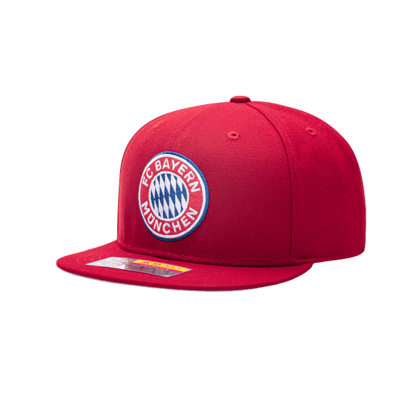 Side view of the Bayern Munich Dawn Snapback with high crown, flat peak brim, adjustable closure, in red