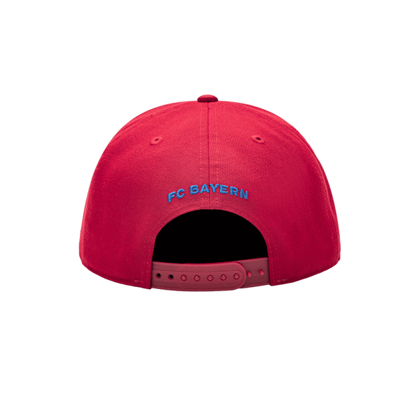 Back view of the Bayern Munich Dawn Snapback with high crown, flat peak brim, adjustable closure, in red