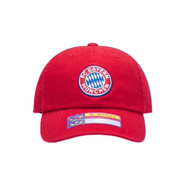 Front view of Bayern Munich Bambo Kids Classic with low unstructured crown, curved peak brim, and buckle closure, in red.
