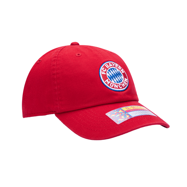 Side view of Bayern Munich Bambo Kids Classic with low unstructured crown, curved peak brim, and buckle closure, in red.