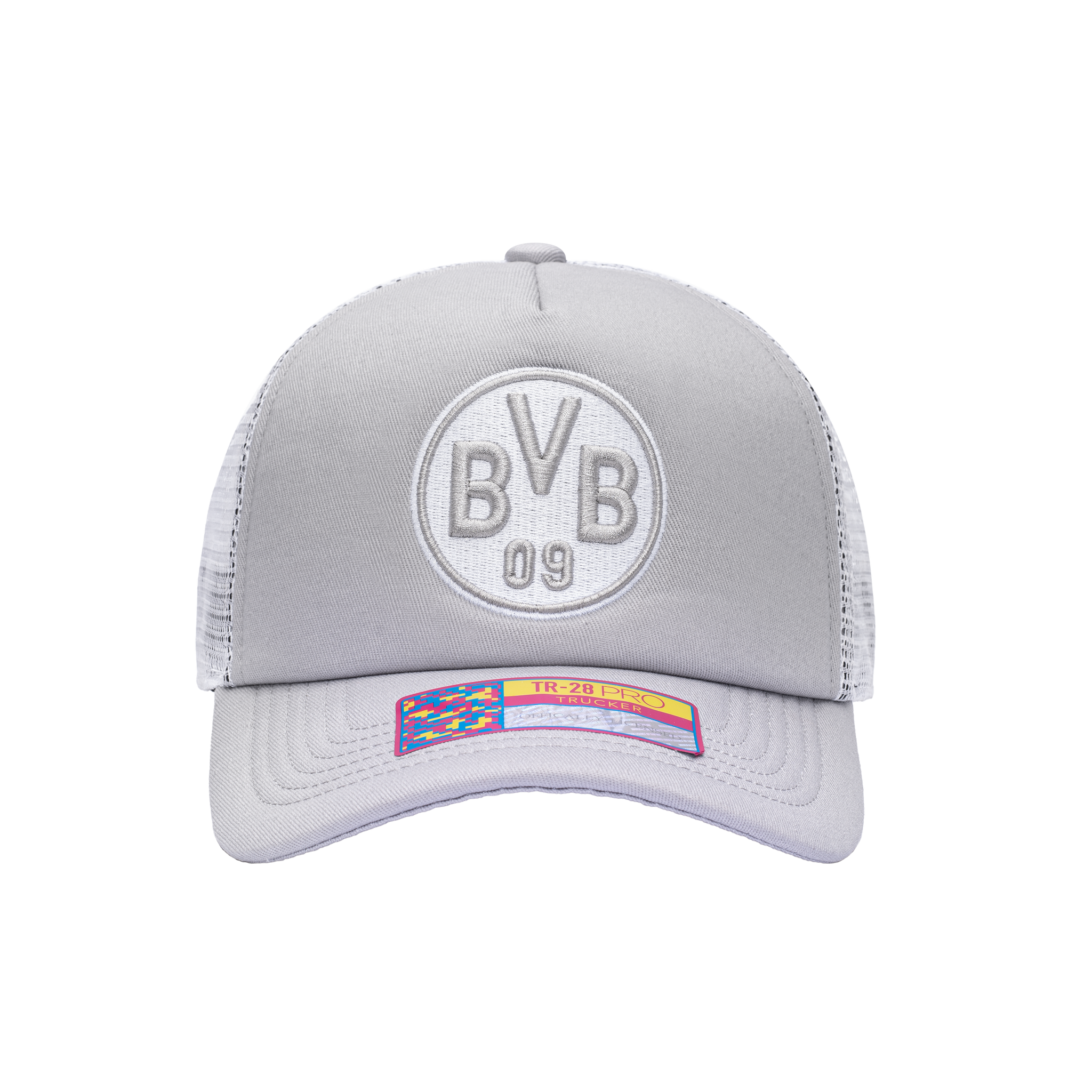 Front view of the Borussia Dortmund Fog Trucker Hat in Grey/White, with high crown, curved peak, mesh back and snapback closure.