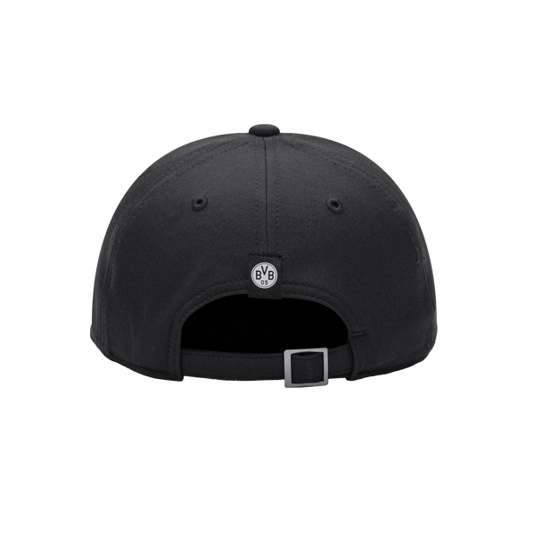 Back view of the Borussia Dortmund Hit Adjustable hat with mid constructured crown, curved peak brim, and slider buckle closure, in Black.