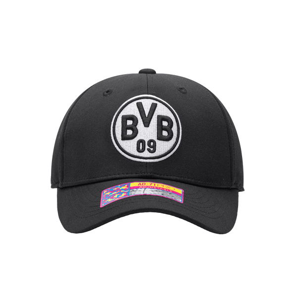 Front view of the Borussia Dortmund Hit Adjustable hat with mid constructured crown, curved peak brim, and slider buckle closure, in Black.