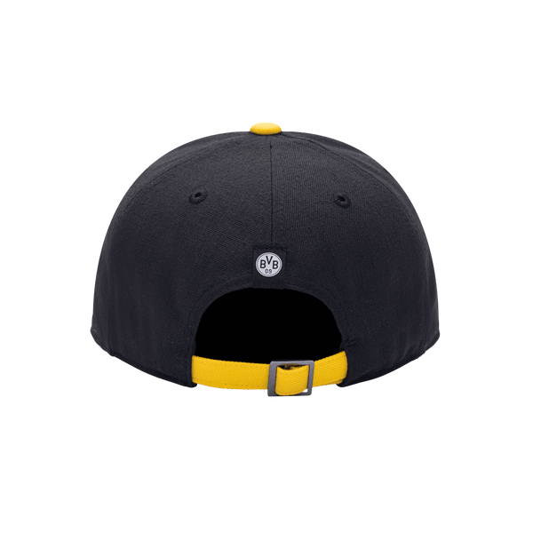 Back view of the Borussia Dortmund Core Adjustable hat with mid constructured crown, cruved peak brim, and slider buckle closure, in Black/Yellow.