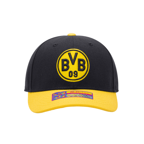 Front view of the Borussia Dortmund Core Adjustable hat with mid constructured crown, cruved peak brim, and slider buckle closure, in Black/Yellow.