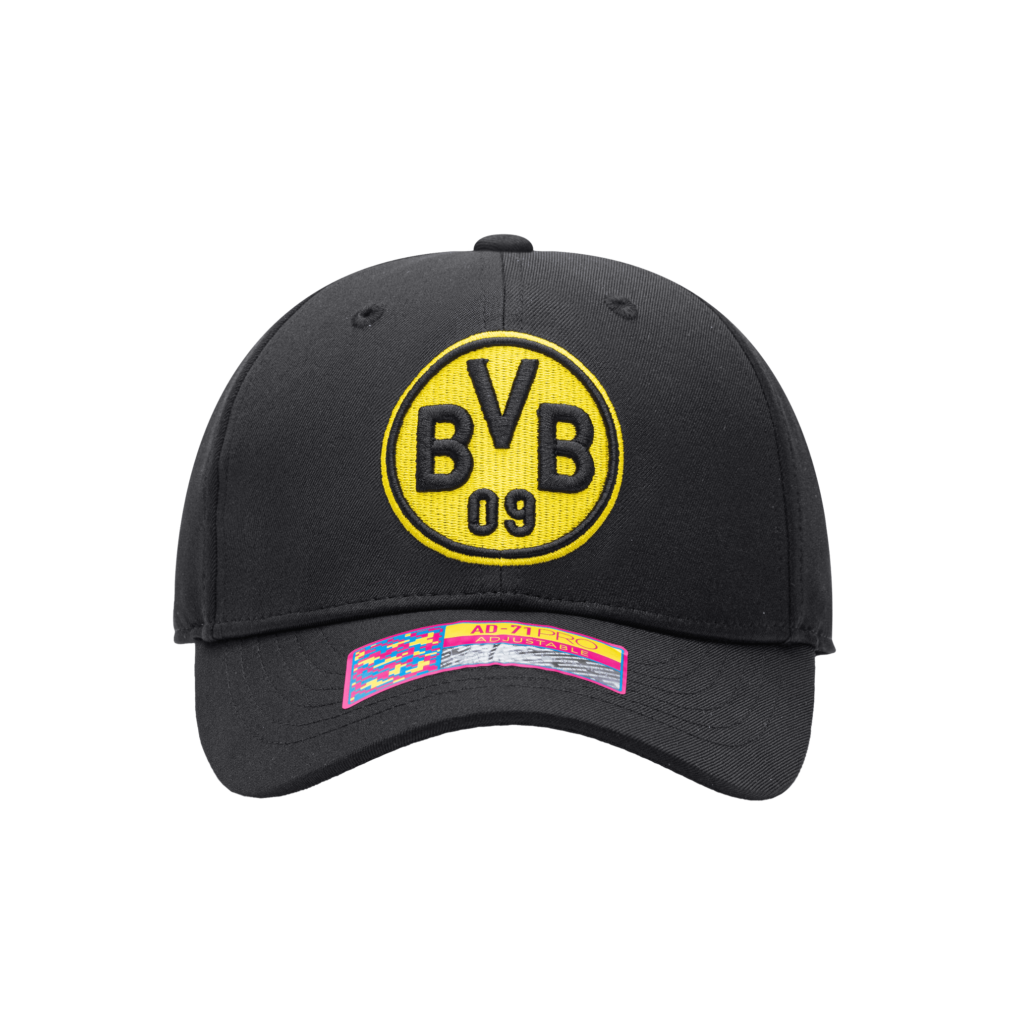 Front view of the Borussia Dortmund Standard Adjustable hat with mid constructured crown, curved peak brim, and slider buckle closure, in Black.