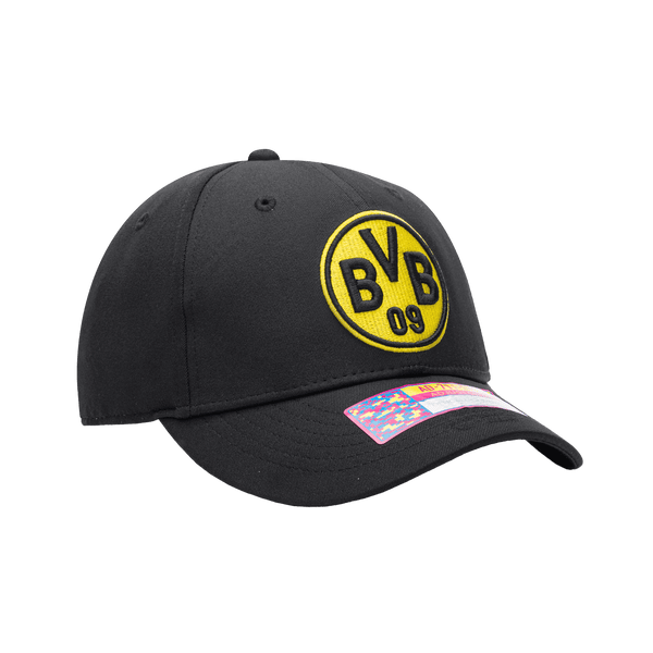 Side view of the Borussia Dortmund Standard Adjustable hat with mid constructured crown, curved peak brim, and slider buckle closure, in Black.
