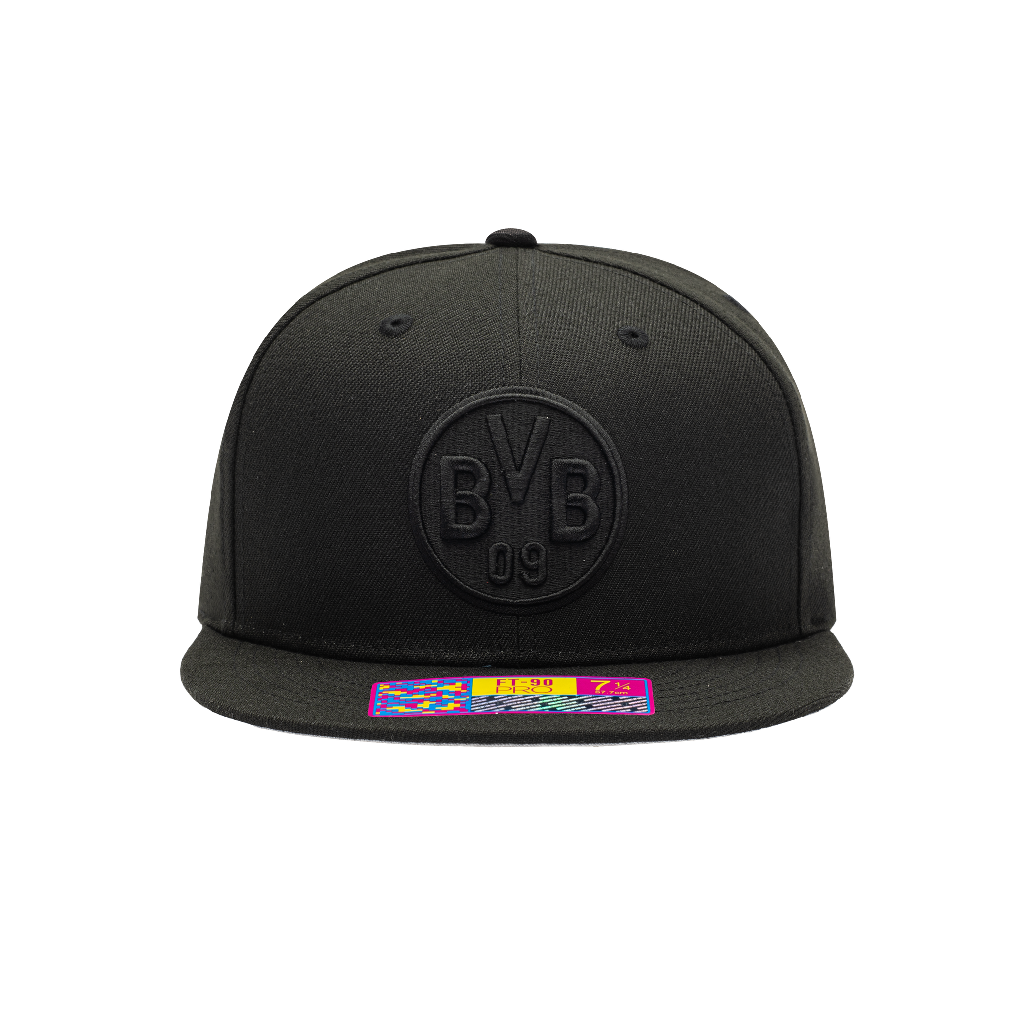 Front view of the Borussia Dortmund Dusk Fitted with high structured crown, flat peak brim, in Black