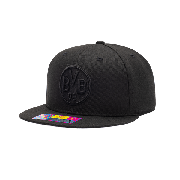 Side view of the Borussia Dortmund Dusk Fitted with high structured crown, flat peak brim, in Black