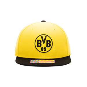 Front view of the Borussia Dortmund Team Snapback with high crown, flat peak, and snapback closure, in Yellow/Black