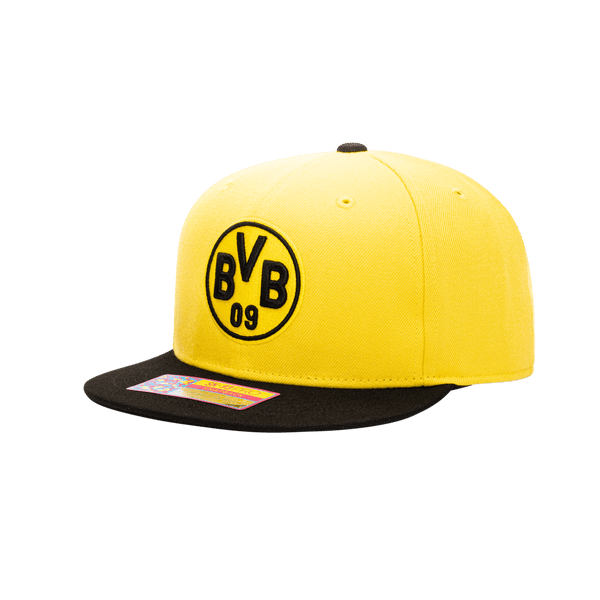 Side view of the Borussia Dortmund Team Snapback with high crown, flat peak, and snapback closure, in Yellow/Black