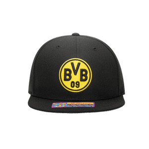 Front view of the Borussia Dortmund Dawn Snapback with high crown, flat peak, and snapback closure, in Black