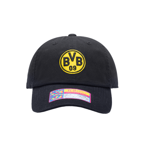 Front view of Borussia Dortmund Bambo Kids Classic hat with low unstructured crown, curved peak brim, and buckle closure, in black.