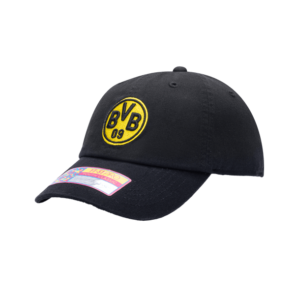 Side view of Borussia Dortmund Bambo Kids Classic hat with low unstructured crown, curved peak brim, and buckle closure, in black.