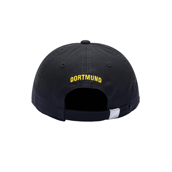 Back view of Borussia Dortmund Bambo Kids Classic hat with low unstructured crown, curved peak brim, and buckle closure, in black.