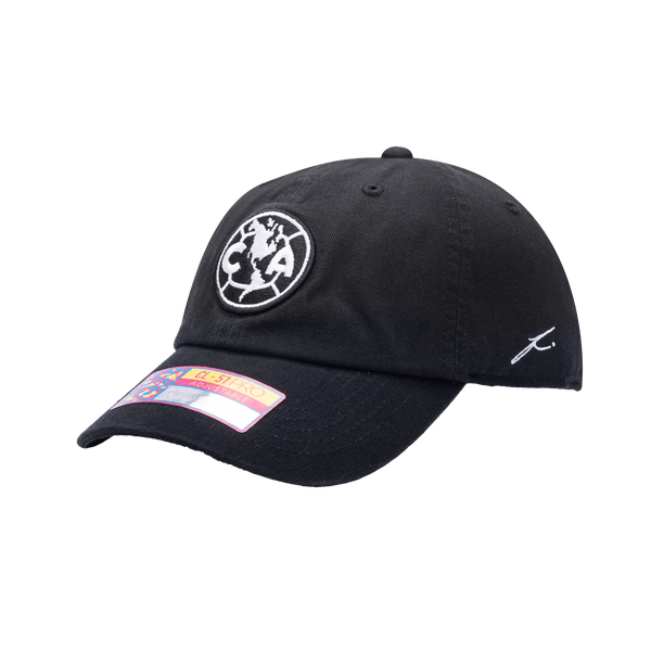 Side view of the Club America Hit Classic hat with low unstructured crown, curved peak brim, and buckle closure, in black.