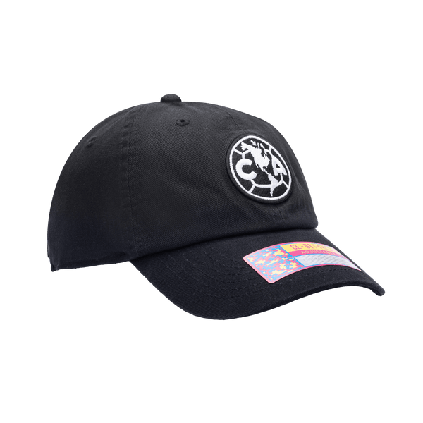 Side view of the Club America Hit Classic hat with low unstructured crown, curved peak brim, and buckle closure, in black.