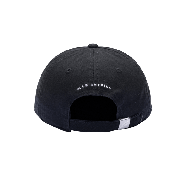 Back view of the Club America Hit Classic hat with low unstructured crown, curved peak brim, and buckle closure, in black.