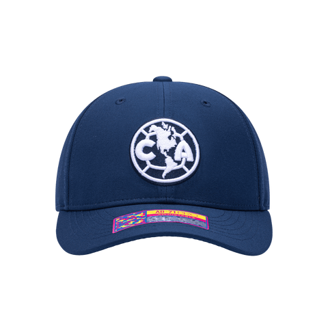 Front view of the Club America Hit Adjustable hat with mid constructured crown, curved peak brim, and slider buckle closure, in Navy.
