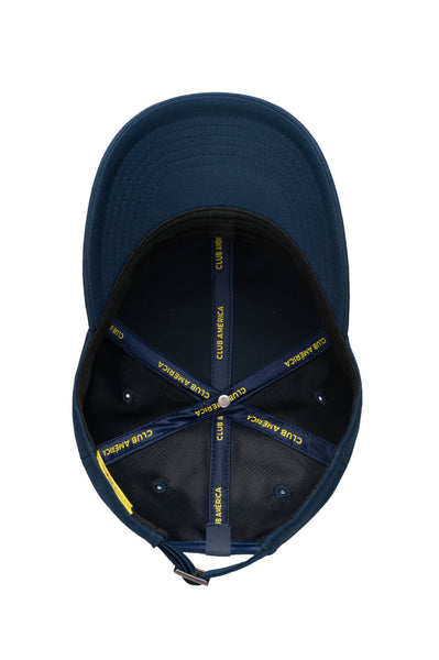 Bottom view of the Club America Hit Adjustable hat with mid constructured crown, curved peak brim, and slider buckle closure, in Navy.
