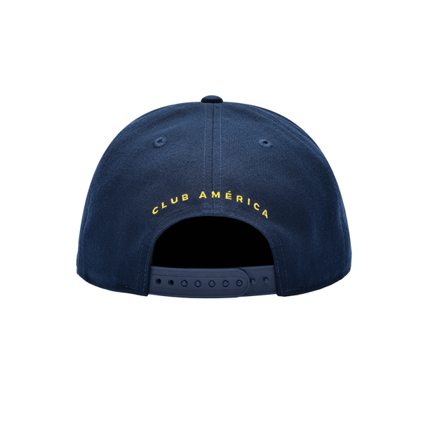 Back view of the Club America Dawn Snapback in navy, with high crown and flat peak.