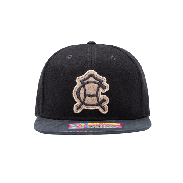 Club America Prep Snapback Hat with structured high 6-panel crown in melton wool, flat peak PU leather brim, front embroidered wool backed applique patch with merrowed edges, back embroidered club name, in navy.