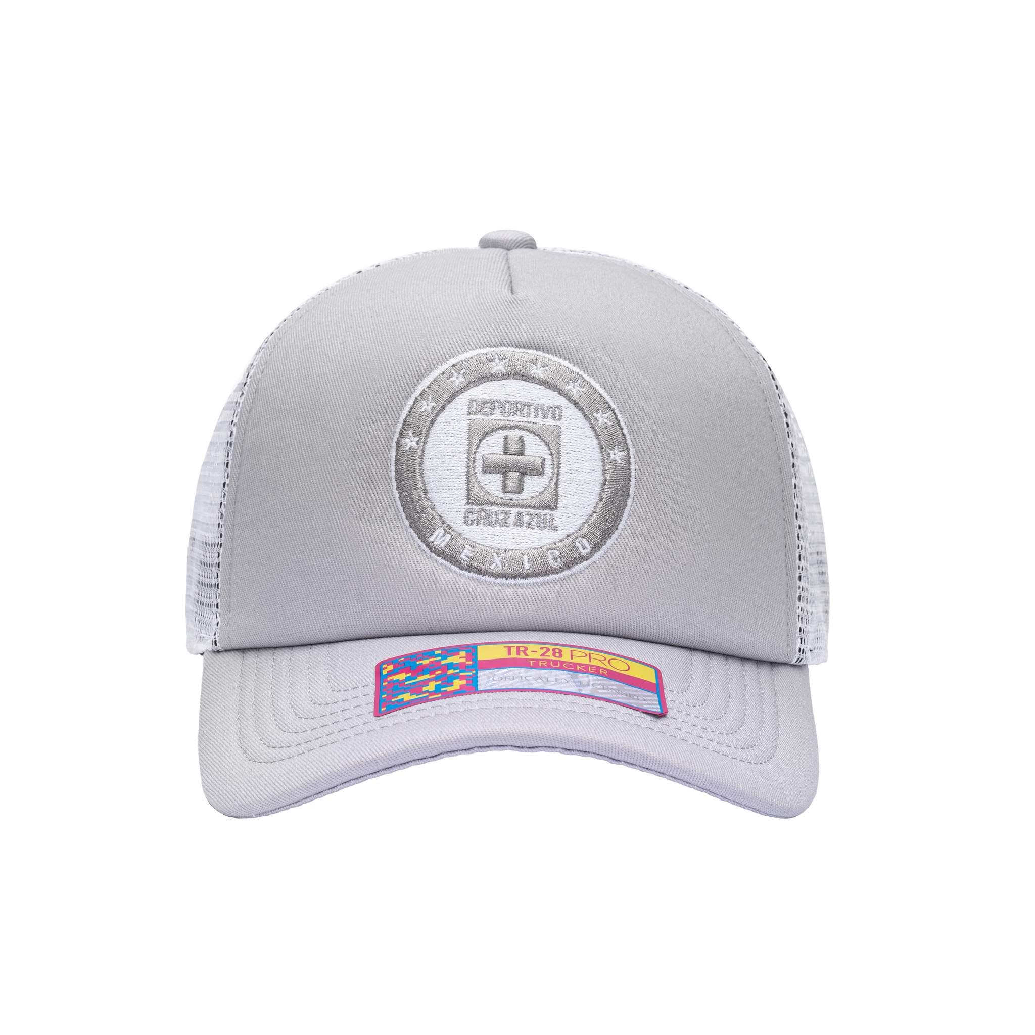 Front view of the Cruz Azul Fog Trucker Hat in Grey/White, with high crown, curved peak, mesh back and snapback closure.