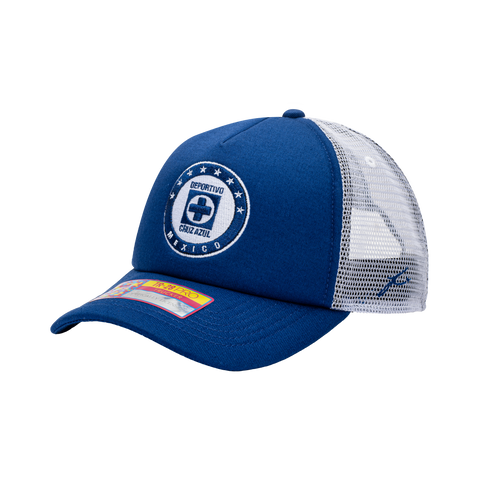 Side view of the Cruz Azul Fog Trucker Hat in Navy/White, with high crown, curved peak, mesh back and snapback closure.