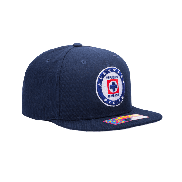 Side view of the Cruz Azul Dawn Snapback with high structured crown, flat peak brim, and snapback closure, in Navy.
