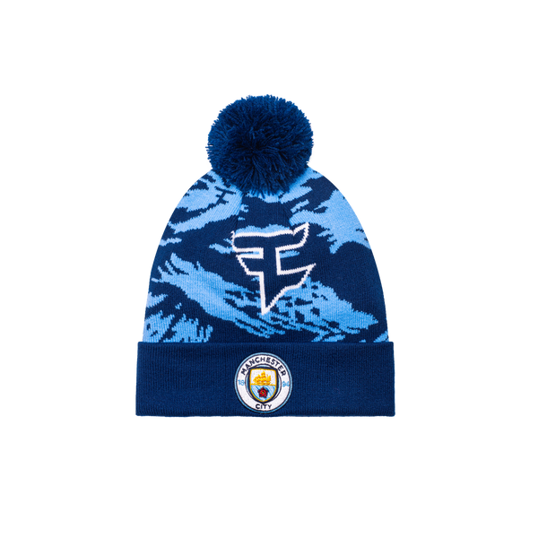Manchester City Faze clan Collaboration Camo Knit Beanie with a Blue Beanie and a Manchester City Logo on the front