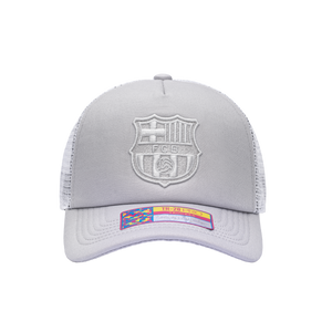 Front view of the FC Barcelona Fog Trucker Hat in Grey/White, with high crown, curved peak, mesh back and snapback closure.