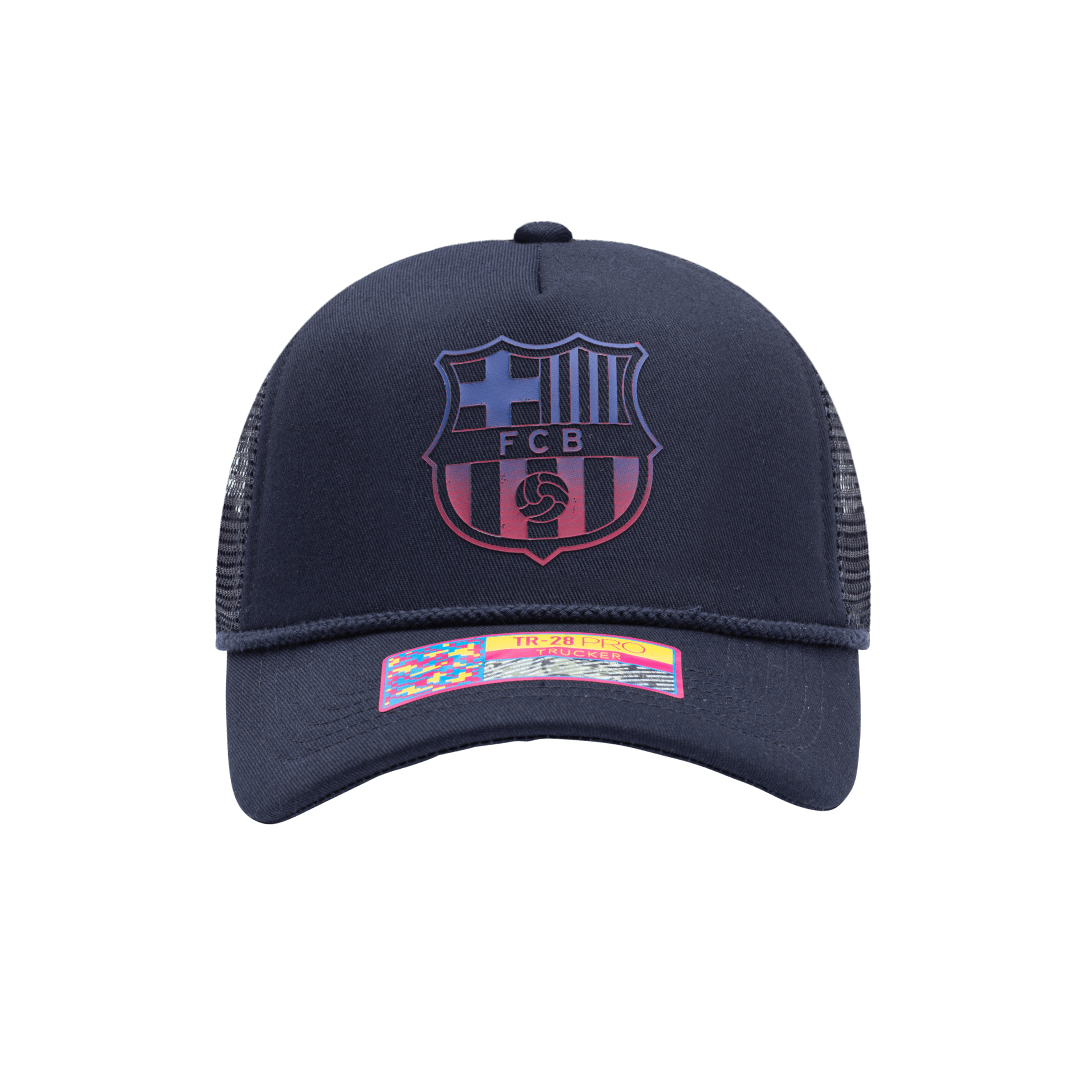 FC Barcelona Atmosphere Trucker with mid crown, curved peak brim, mesh back, and snapback closure, in Navy