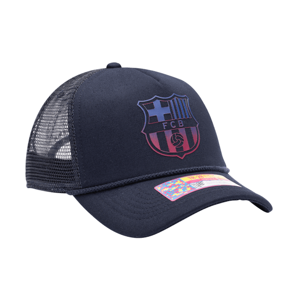 FC Barcelona Atmosphere Trucker with mid crown, curved peak brim, mesh back, and snapback closure, in Navy