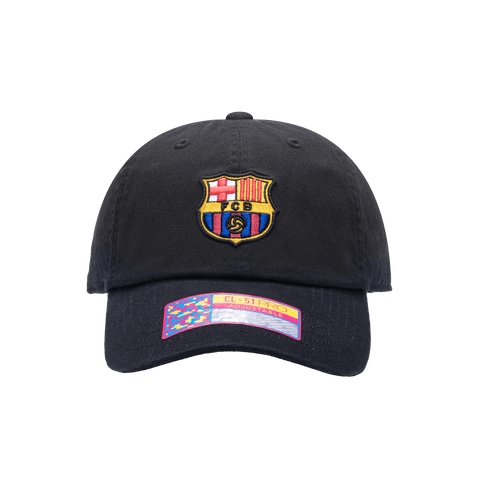 Front view of the FC Barcelona Bambo Classic hat with low unstructured crown, curved peak brim, and buckle closure, in black.