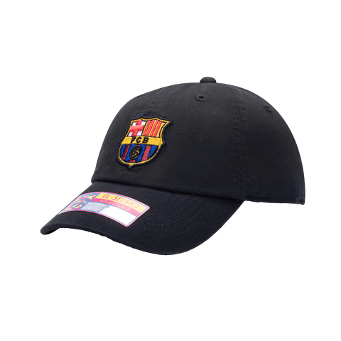 Side view of the FC Barcelona Bambo Classic hat with low unstructured crown, curved peak brim, and buckle closure, in black.