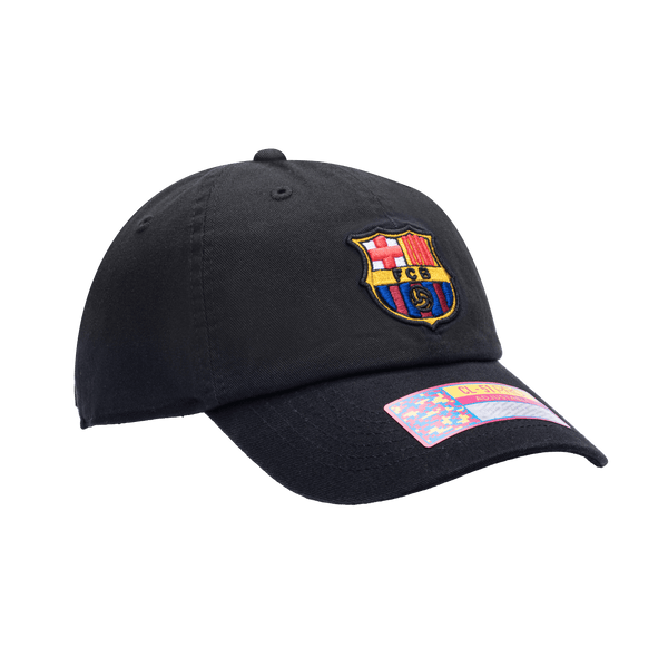 Side view of the FC Barcelona Bambo Classic hat with low unstructured crown, curved peak brim, and buckle closure, in black.