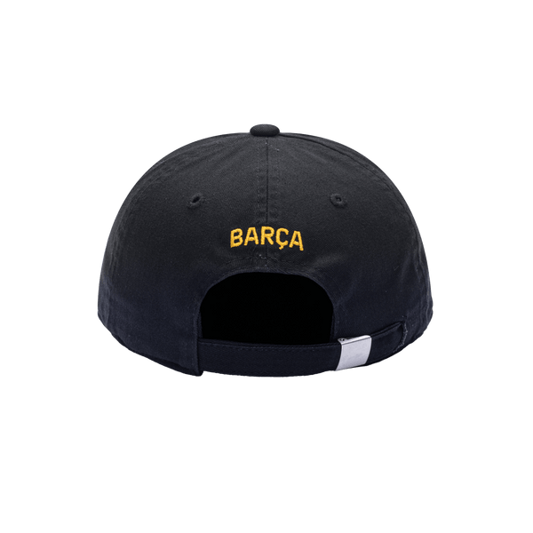 Back view of the FC Barcelona Bambo Classic hat with low unstructured crown, curved peak brim, and buckle closure, in black.